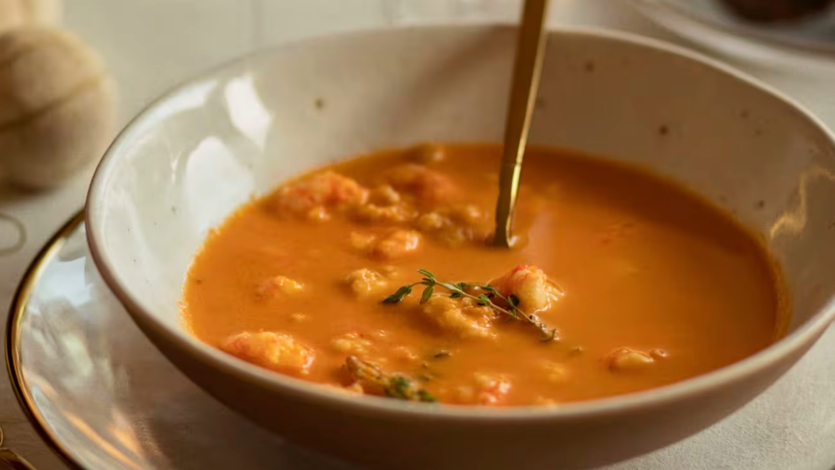 Receta de crema de pescado y marisco en una mesa decorada de Navidad